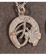 Vintage Good Luck Pendant Necklace Horseshoe Wishbone 4 Leaf Clover Silv... - £4.71 GBP