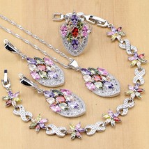 Flower Multicolor Zircon Beads 925 Silver Jewelry Sets For Women Wedding Earring - £28.93 GBP