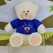 Fiesta Christmas Teddy Bear Plush 10&quot; Cream w/ Blue Reindeer Sweater Holiday  - £7.86 GBP