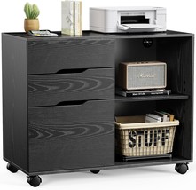 Rolling Filing Cabinet With Three Drawers, Black, Mobile Wood Lateral Ro... - $100.97