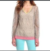Elie Tahari Boho Lace Tunic Top Bell Sleeve V Neck Color Block Top Multi... - $25.23