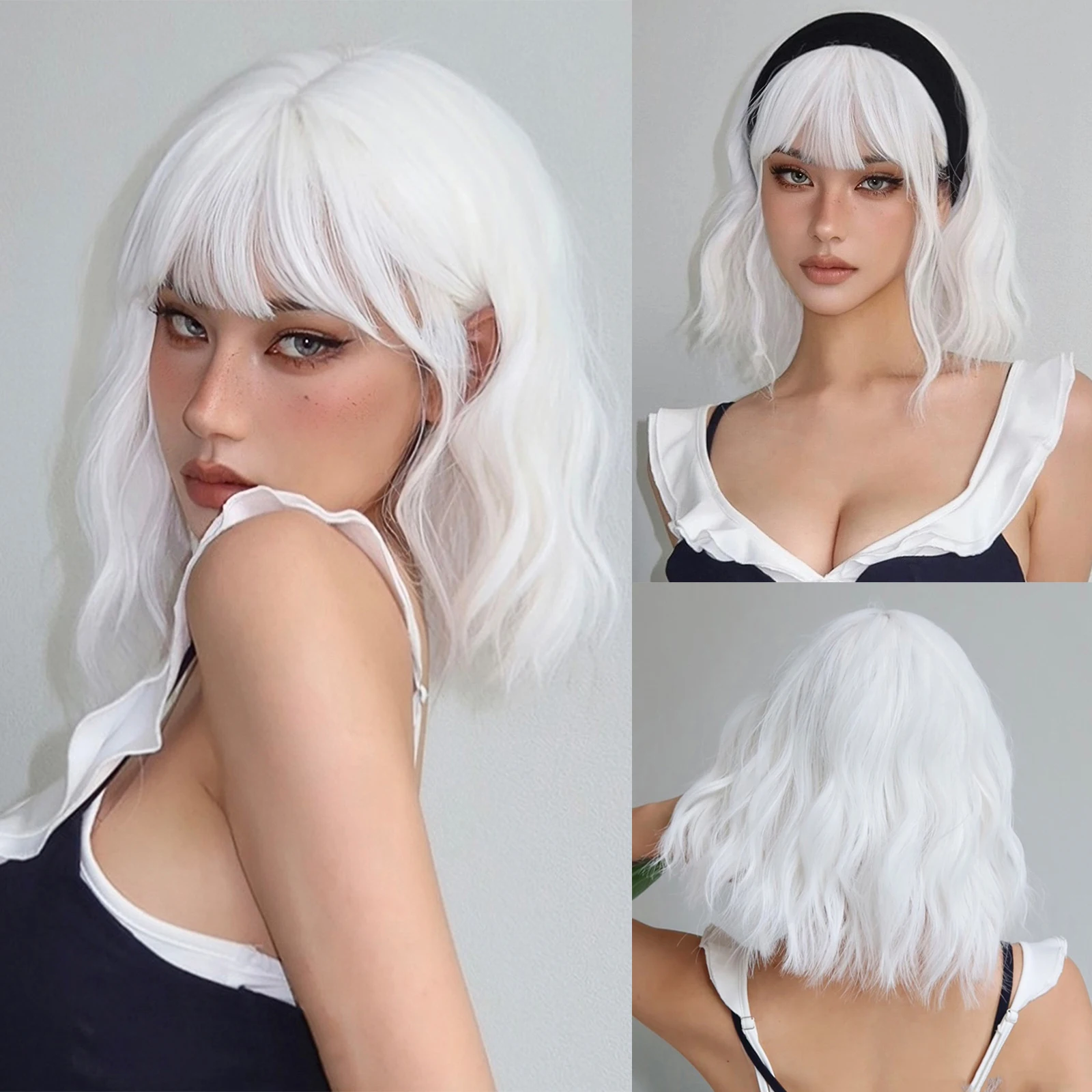 EASIHAIR Short White Bob Synthetic Wigs Short Wavy Lolita Natural Hair Wigs with - £22.00 GBP
