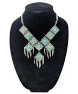 Southwestern Metal Blocks w/ Turquoise Colored Stones Necklace - £54.22 GBP