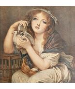 1915 A Girl With Doves Art Plate Linen Print Jean Baptiste Greuze DWWW12 - $733.58 MXN