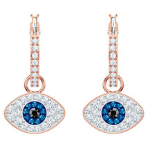 NIB Authentic Swarovski Sapphire Evil Eye Earrings Rose Gold Hoop Drop Dangle M - £29.09 GBP+