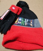 Kids Beanie Hat &amp; Gloves Marvel Character Collage Pom-Pom Hat Red Gray B... - £7.31 GBP