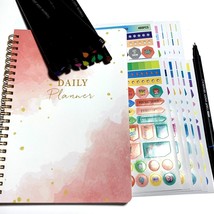 Undated Daily Planner, Stickers and Fine Tip Markers 8 x 5.5 inches Pink - £25.63 GBP