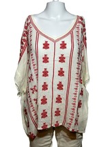 By Together Shirt Women&#39;s Large Red &amp; White Embroidery Bohemian Topper Casual - £13.42 GBP