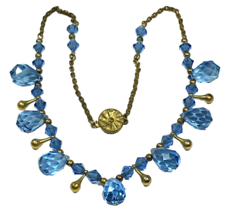 Art Deco Blue Faceted Briolette Teardrop Art Glass Beads Necklace - £110.15 GBP