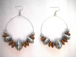 Bohemian Brown Wood and Antique Alloy Beaded Hoop XL Ethnic Fashion Earrings - £4.78 GBP