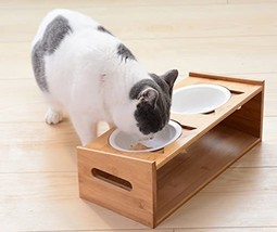 Raised Pet Feeder Solid Bamboo Stand Perfect for Cats and Small Dogs (4 Bowls In - £43.16 GBP