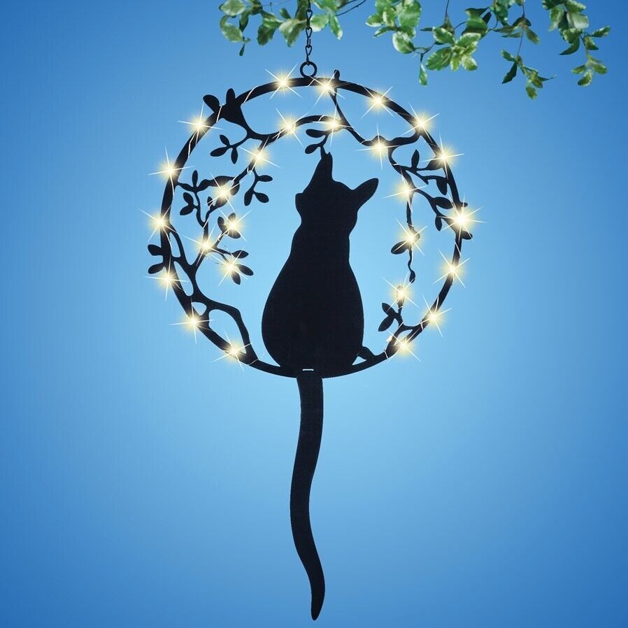 Shadow Silhouette Cat Dangler Garden Mobile Solar LED Light Kitty Metal Outdoor - £27.64 GBP