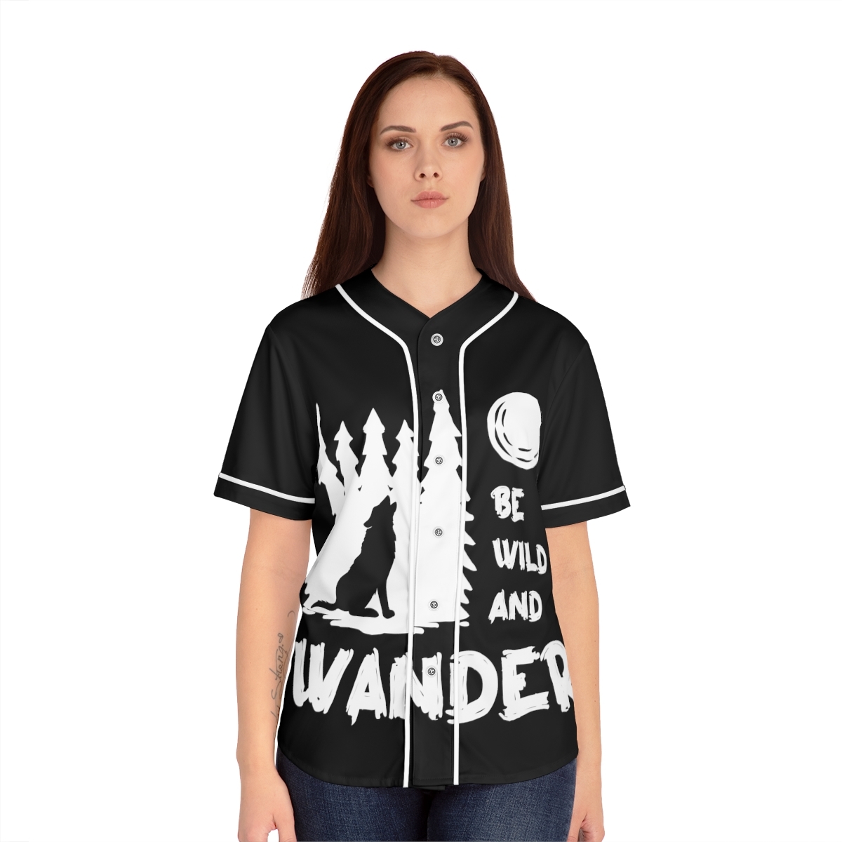 Be Wild and Wander Black "Howling Wolf" Women's AOP Baseball Jersey - $38.11