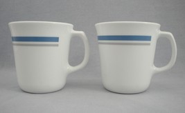 Vtg White Corning Corelle Blue Gray Stripe Indigo Slate 2 Coffee Mugs 3.5&quot; 10 oz - £7.82 GBP