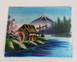 Vintage Embroidered Asian Silk Landscape mini 5 x 4&quot; Wall Art Mountain Lake mill - £19.34 GBP