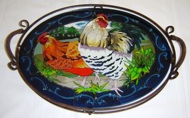 French Hens Serving Tray Joan Baker Blue Rim Glass Metal Country Beveled Design  image 2