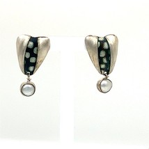 Vtg Signed 925 Sterling Modern Abstract Iridescent Pearl Dangle Stud Earrings - £58.66 GBP