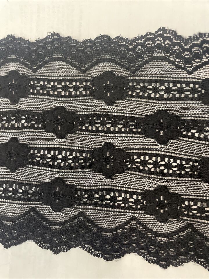 1 yard black stripe embossed scalloped stretch lace trim 6” - $1.29
