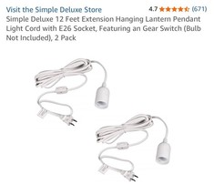 Simple Deluxe 12 Feet Extension Hanging Lantern Pendant Light Cord, 2 Pack - $9.78