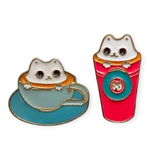 Coffee Lapel Pins: Cat Cappuccino and To Go Coffee Cup  - £20.36 GBP