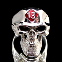 Sterling silver Biker ring Grinning Skull 13 symbol on Red enamel high polished  - £83.91 GBP