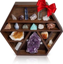 Enso Tsuki Crystal Shelf Display: Hexagon-Shaped Pine Wood Floating Wall, Stones - £31.95 GBP
