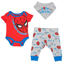 Spider-Man I was Born Amazing 3-Piece Bodysuit Pant and Bib Set Multi-Color - £11.77 GBP