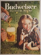 1960 Print Ad Budweiser Beer Mug & Can Happy Lady with Puppies - $16.81