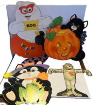 3 Vintage Die Cut Flocked Halloween Decorations Ghost Cats - £15.70 GBP