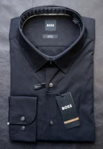 Hugo Boss Men&#39;s Hank Kent Easy Iron Slim Fit Black Cotton Dress Shirt 44... - £56.65 GBP