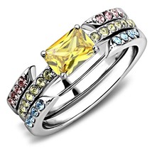 1.81Ct Emerald Cut Simulated Diamond Multi Color Stainless Steel Bridal Ring Set - £55.25 GBP