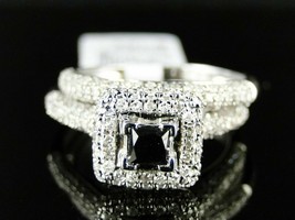 14K White Gold Over 1.98CT Princess Cut Black Diamond Bridal Engagement Ring Set - £82.20 GBP