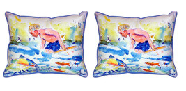 Pair of Betsy Drake Boy and Fish Large Indoor Outdoor Pillows 18x18 - £70.08 GBP