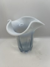 Vintage Duncan and Miller Blue Canterbury Opalescent Glass Vase Ruffled ... - $23.22