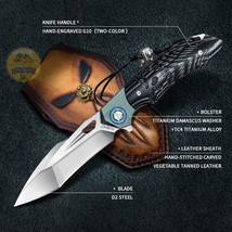 Folding Pocket Edc Hunting Knife D2 Steel Blade G10 Titanium Handle With Sheath - £95.92 GBP