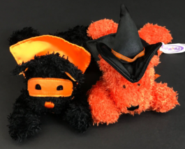 Mary Meyer Lot of 2 Plush Cats Halloween Witch with Hat &amp; Cape Orange Black - £9.43 GBP