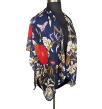 Karma Navy Red Floral Buttefly Print Open Front Kimono Cardigan Over Pie... - $18.69