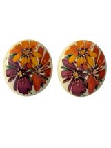 Vintage Floral Stud Earrings Hand Painted Oval Cream Resin Bold Statemen... - $19.80
