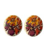 Vintage Floral Stud Earrings Hand Painted Oval Cream Resin Bold Statemen... - $19.80