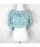 Free People Womens Crochet Blouse Blue Eyelet Lace Crop Top Off Shoulder - $13.83