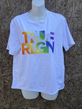 True Religion Neon spell out unhemmed distressed Logo T-Shirt M cropped - $14.84