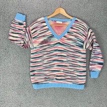 Vintage Hand Knit Sweater Womens M Blue Pink Beige V-Neck Boutique Label... - £20.03 GBP