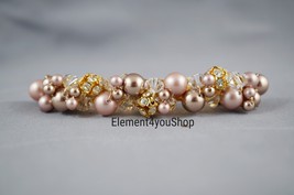 Bridal gold barrette, Light and dark champagne pearls rhinestones crysta... - £29.89 GBP