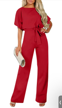  Womens Casual Short Sleeve Loose Crew Neck Belted Wide Leg Romper Jumpsuit - £27.97 GBP
