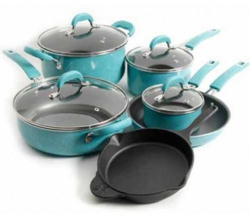 Non Stick Cookware Set Home Kitchen Cooking Tools Vintage 10 Piece Turquoise - $135.83