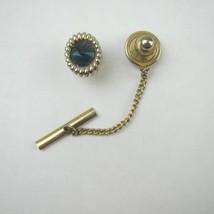 Vintage Tie Tack Lapel Pin Blue Stone Gold Tone Chain Tie Bar - £7.96 GBP