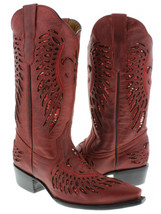 Womens Western Wear Boots Red Leather Sequins Inlay Wings Snip Toe Size ... - £75.34 GBP