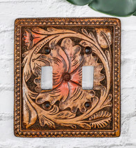 Set of 2 Western Tooled Floral Lace Faux Wood Wall Double Toggle Switch ... - £20.77 GBP