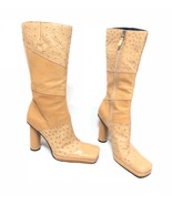 Versace Vintage 1990’s Ostrich &amp; Lizard Patchwork Tan Tall Leather Boots... - $675.00