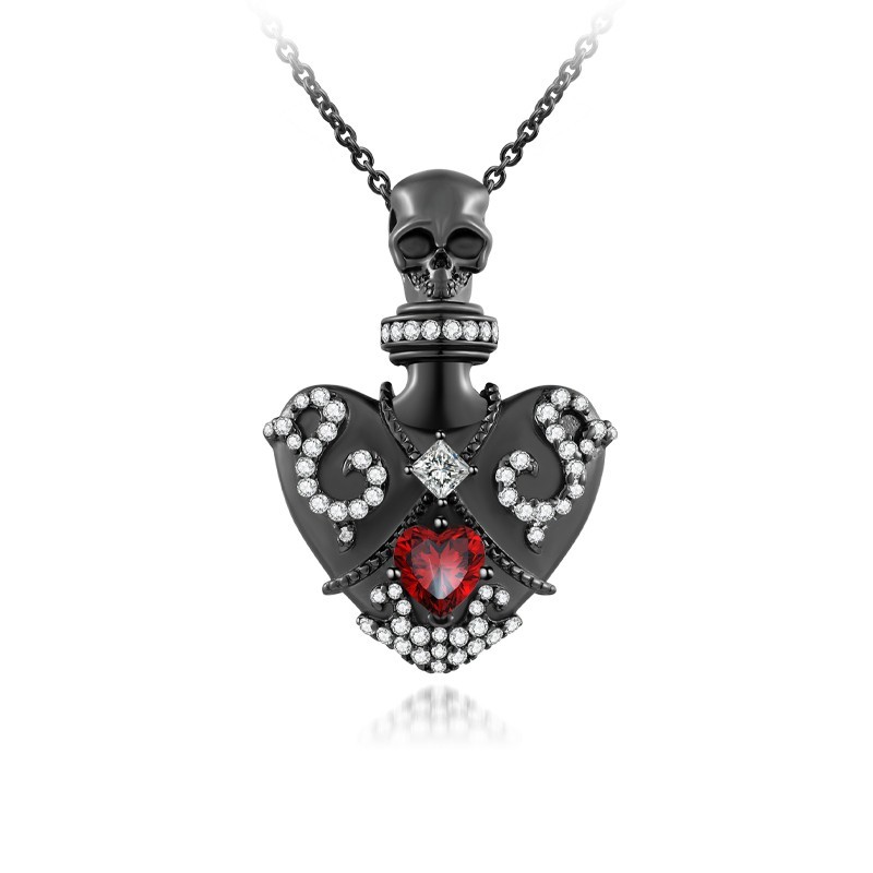Primary image for Skull Necklace With Gothic Style Perfume Bottle And Garnet Heart Silver Pendent